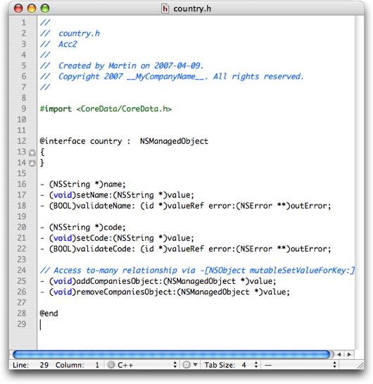 country.h header file in the editor